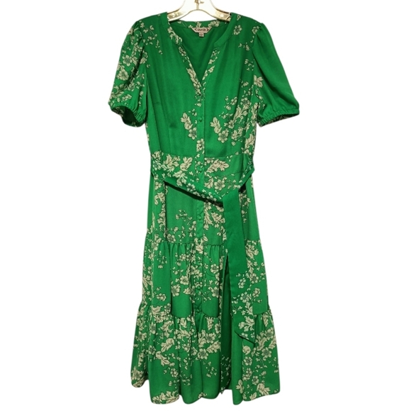 US8🍀Nanette Lepore Green Floral Belted Midi Dress - Picture 2 of 11